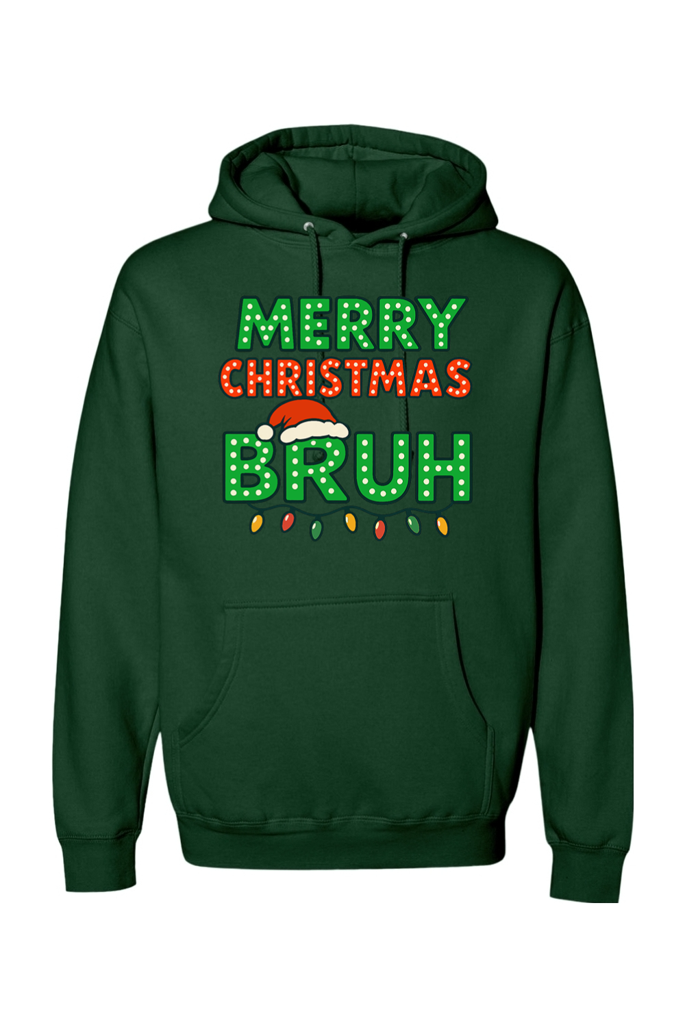 Dark green Christmas hoodie with "Merry Christmas Bruh" text with a Santa hat and Christmas lights design funny holiday humor long sleeve hooded sweatshirt