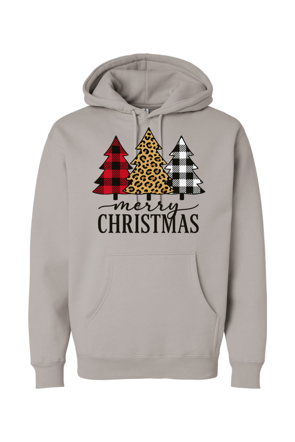 Gray Christmas hoodie with "Merry Christmas" text and a buffalo plaid, leopard print, and black and white plaid Christmas trees cute trendy festive holiday long sleeve hooded sweatshirt