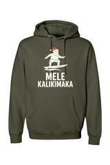 Olive green Christmas hoodie with Santa surfing and 