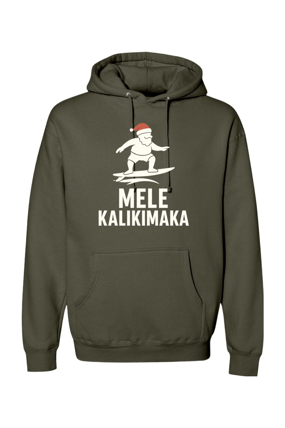 Olive green Christmas hoodie with Santa surfing and "Mele Kalikimaka" text funny Hawaiian Christmas surf holiday long sleeve hooded sweatshirt