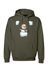Olive green Christmas hoodie with a snowman lifting a snow barbell design funny gym humor festive holiday long sleeve hooded sweatshirt