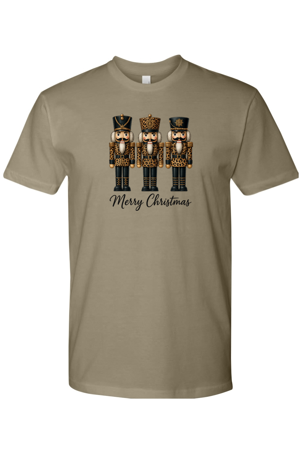 Light olive green Christmas t-shirt with "Merry Christmas" text and three leopard print nutcrackers cute trendy girly festive holiday short sleeve shirt