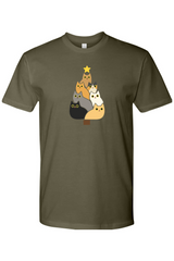 Olive green Christmas t-shirt with a Christmas tree made out of cats design cute funny animal pet festive holiday short sleeve shirt