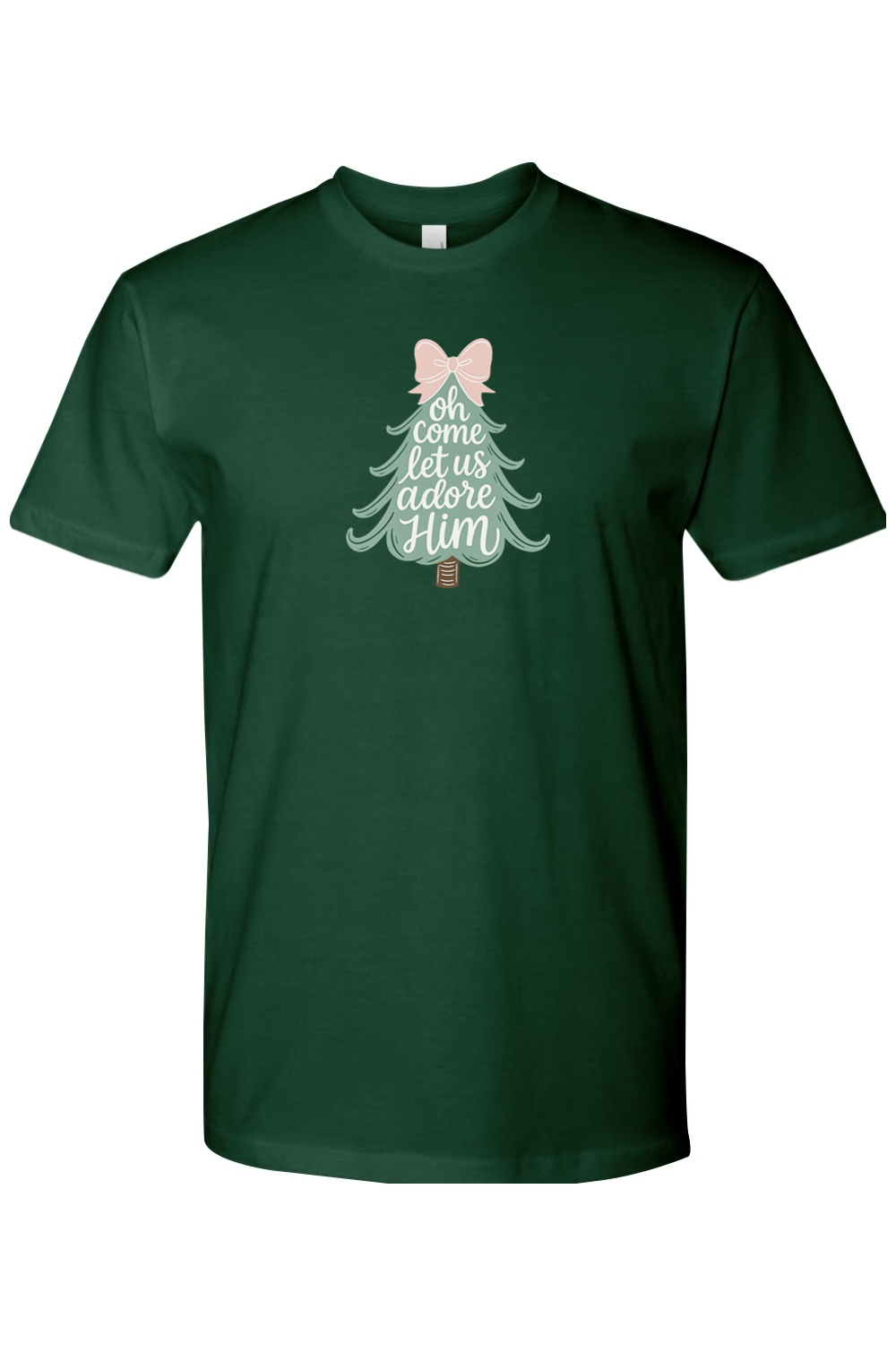 Forest dark green Oh Come Let Us Adore Him Christmas tree bow cute design t-shirt short sleeve Jesus faith Christian holiday shirt