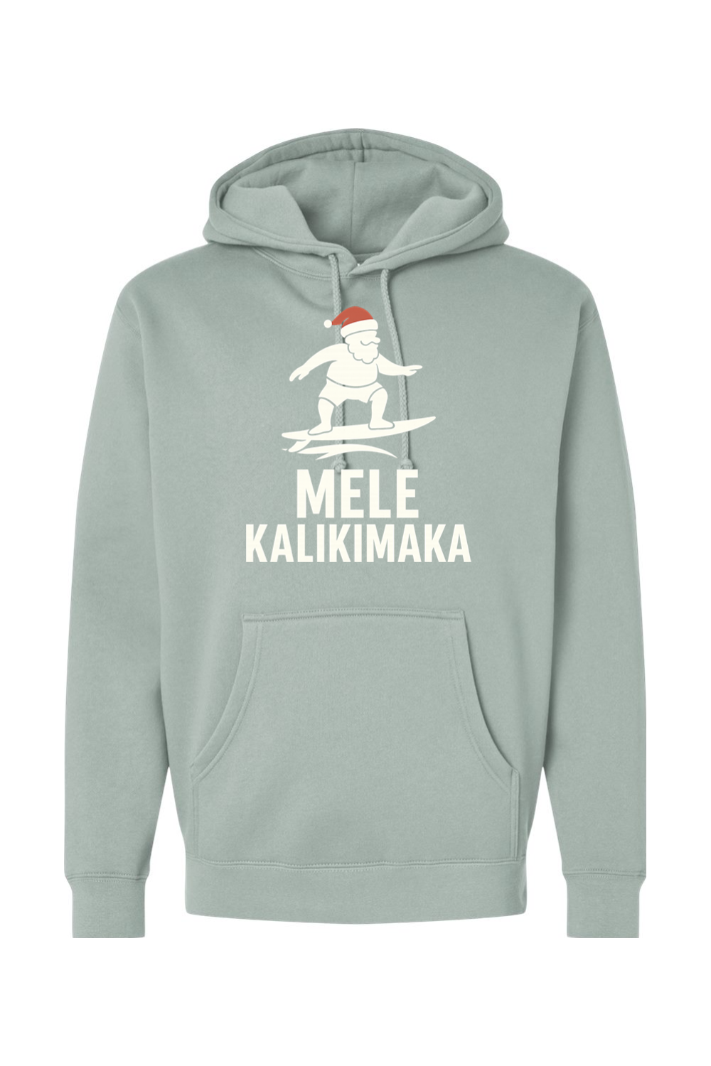 Light green Christmas hoodie with Santa surfing and "Mele Kalikimaka" text funny Hawaiian Christmas surf holiday long sleeve hooded sweatshirt