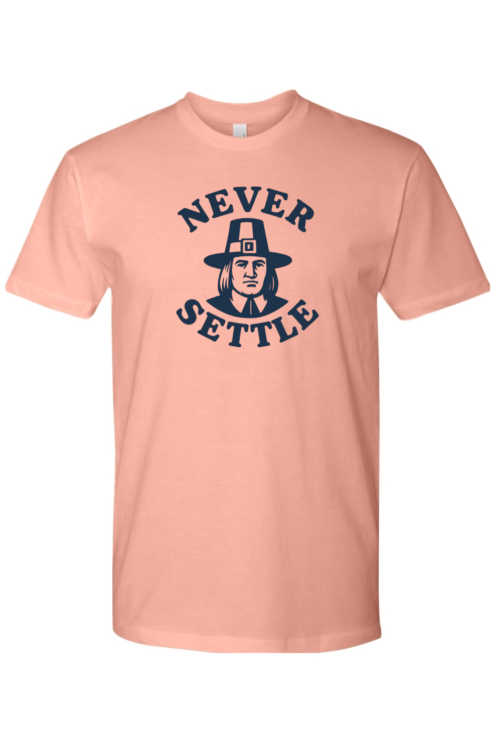 Pink Thanksgiving t-shirt with "Never Settle" text and a pilgrim design funny sarcastic fall holiday short sleeve shirt