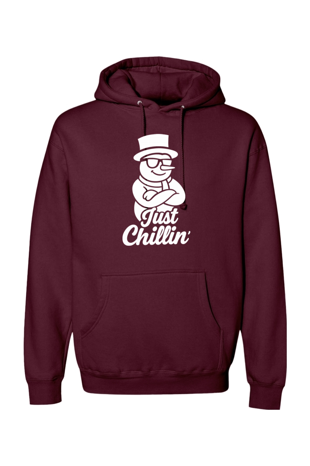 Maroon Christmas hoodie with "Just Chillin'" text in white with a snowman wearing sunglasses and arms crossed design funny holiday humor long sleeve hooded sweatshirt