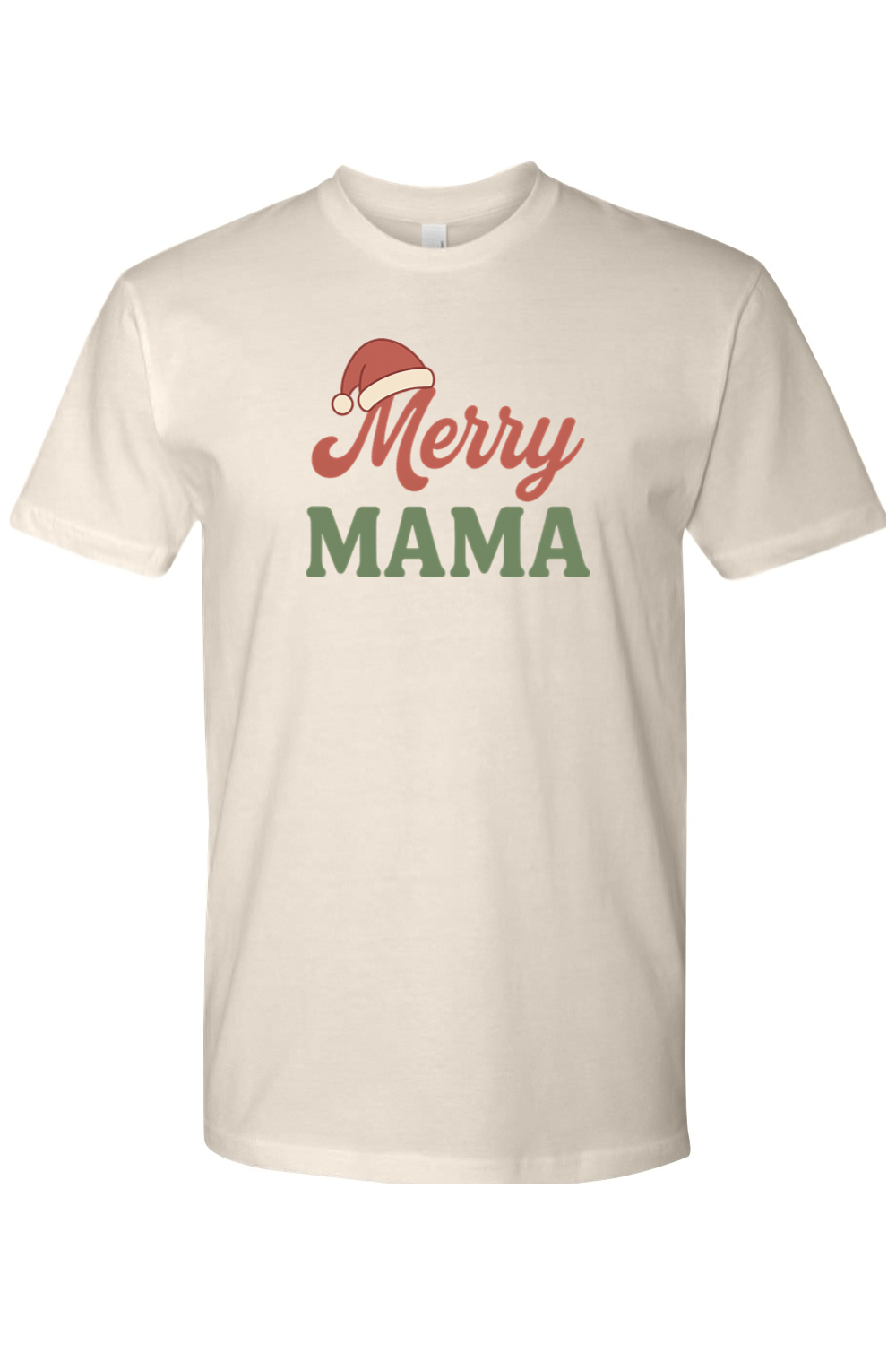 Beige Christmas t-shirt with "Merry Mama" text with a Santa hat over the M in Merry cute trendy mom mother holiday short sleeve shirt
