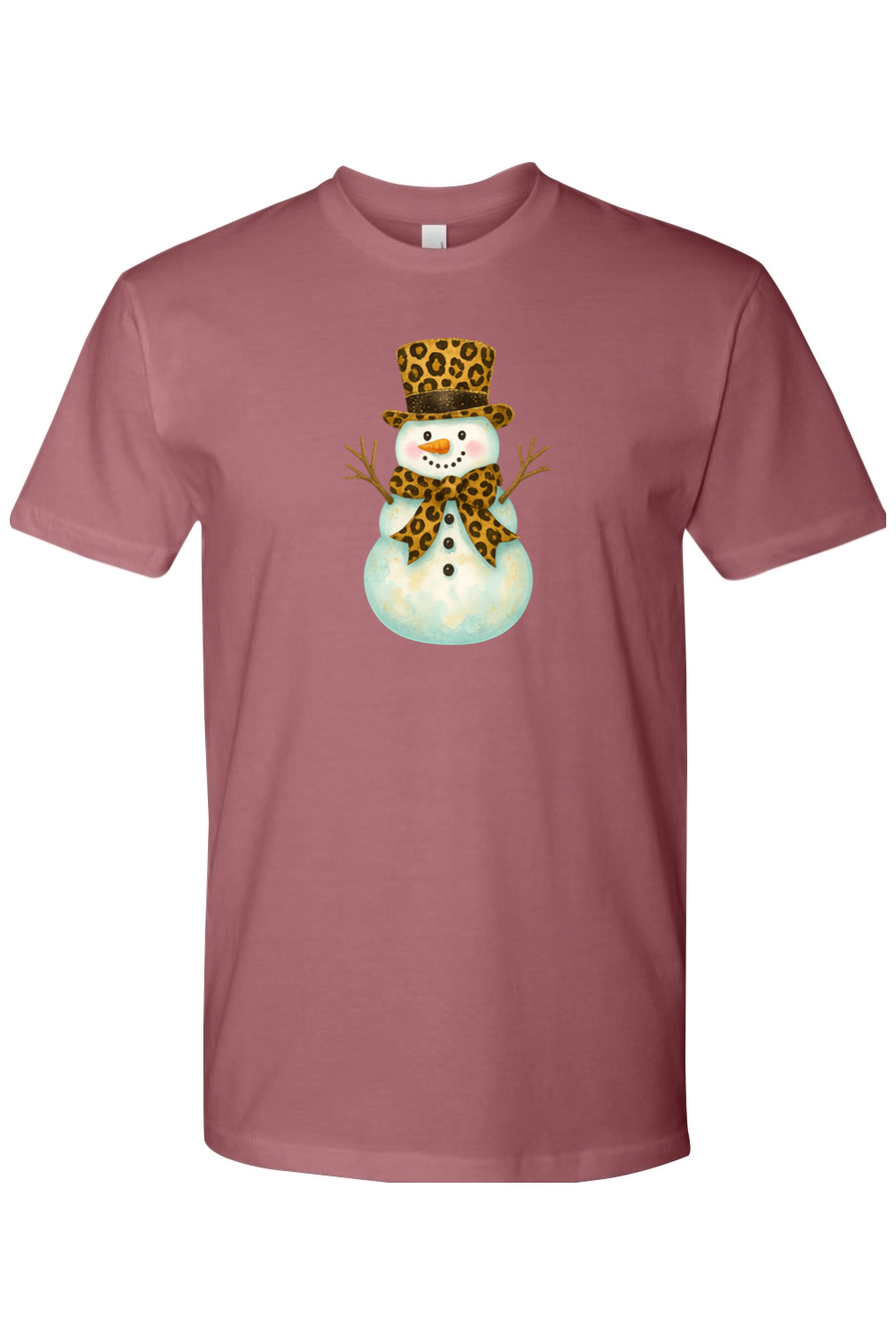 Mauve dark pink Christmas shirt with a snowman in a leopard print bow and leopard print top hat design cute girly festive holiday short sleeve shirt