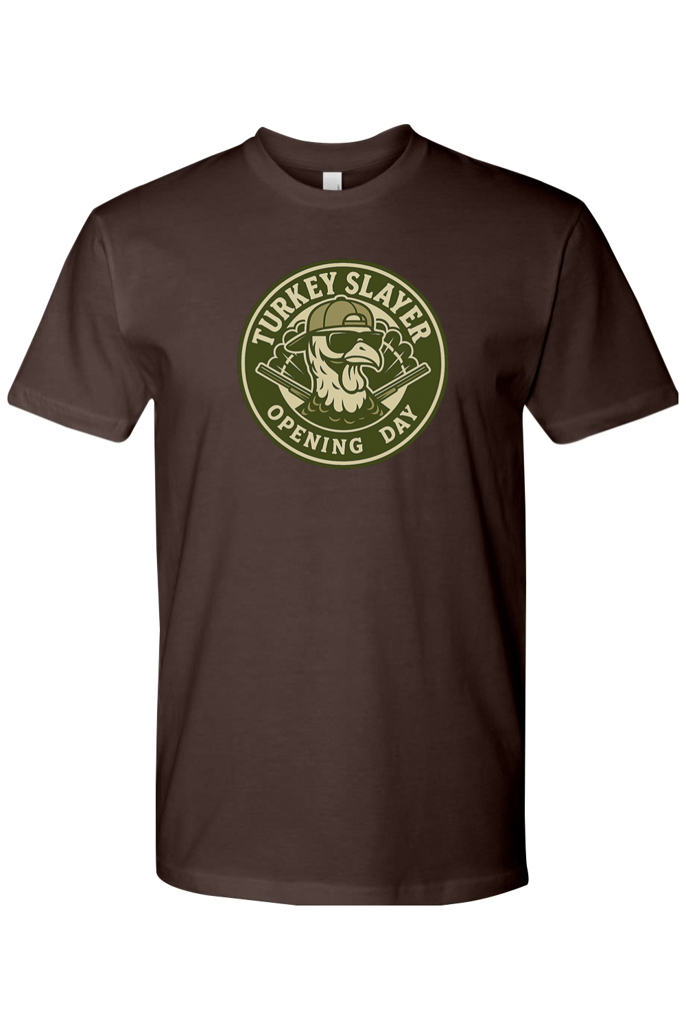 Brown Thanksgiving t-shirt with "Turkey Slayer Opening Day" text with a turkey badge design funny hunting fall short sleeve shirt