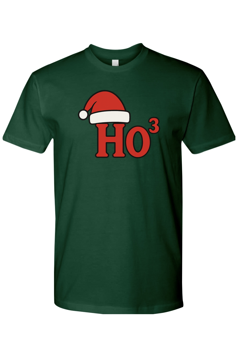 Dark green Christmas t-shirt with "Ho³" text in red with a Santa hat design funny holiday humor short sleeve shirt