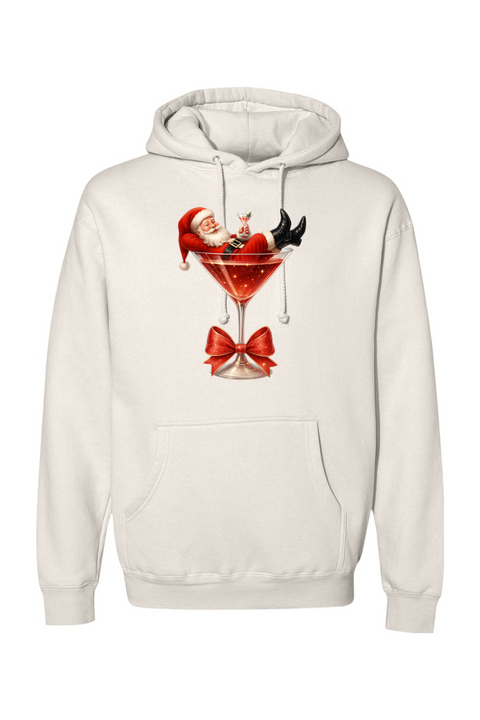 Cream Christmas hoodie with Santa sitting in a martini glass design funny cute holiday long sleeve hooded sweatshirt