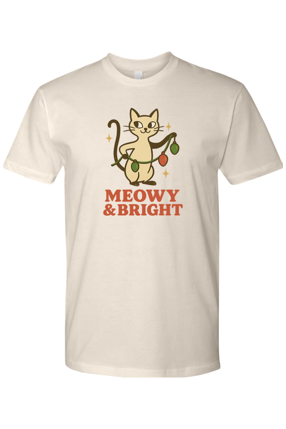 Beige vintage Christmas t-shirt with "Meowy & Bright" text with a cat holding a string of lights design cute funny holiday pet animal humor short sleeve shirt