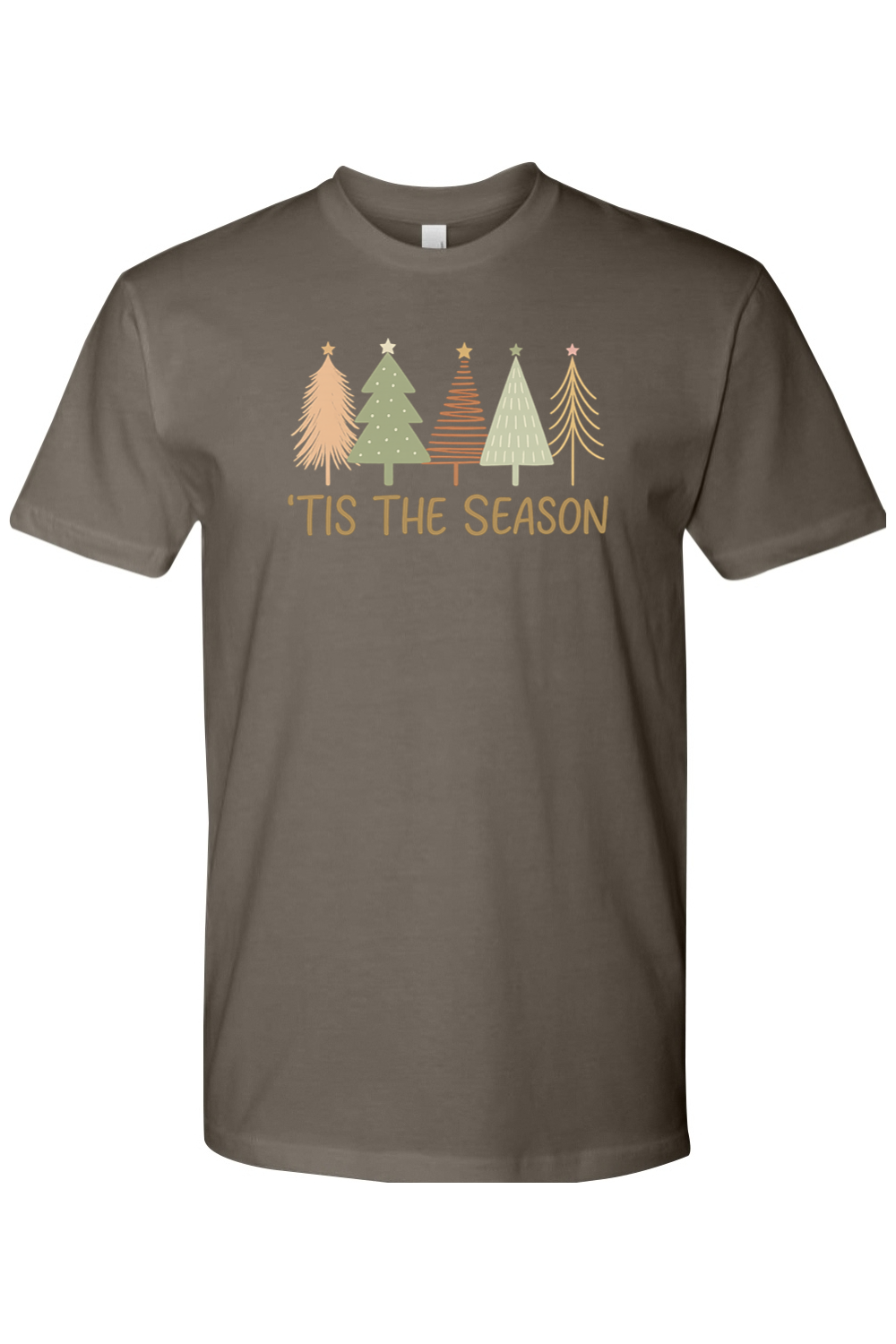 Gray grey Christmas t-shirt with "'Tis the Season" text and pastel colored Christmas trees design cute trendy festive holiday short sleeve shirt