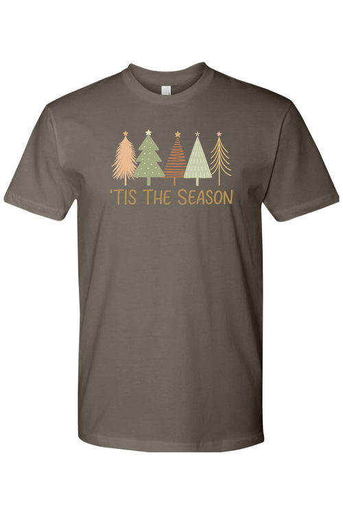 Gray grey Christmas t-shirt with "'Tis the Season" text and pastel colored Christmas trees design cute trendy festive holiday short sleeve shirt