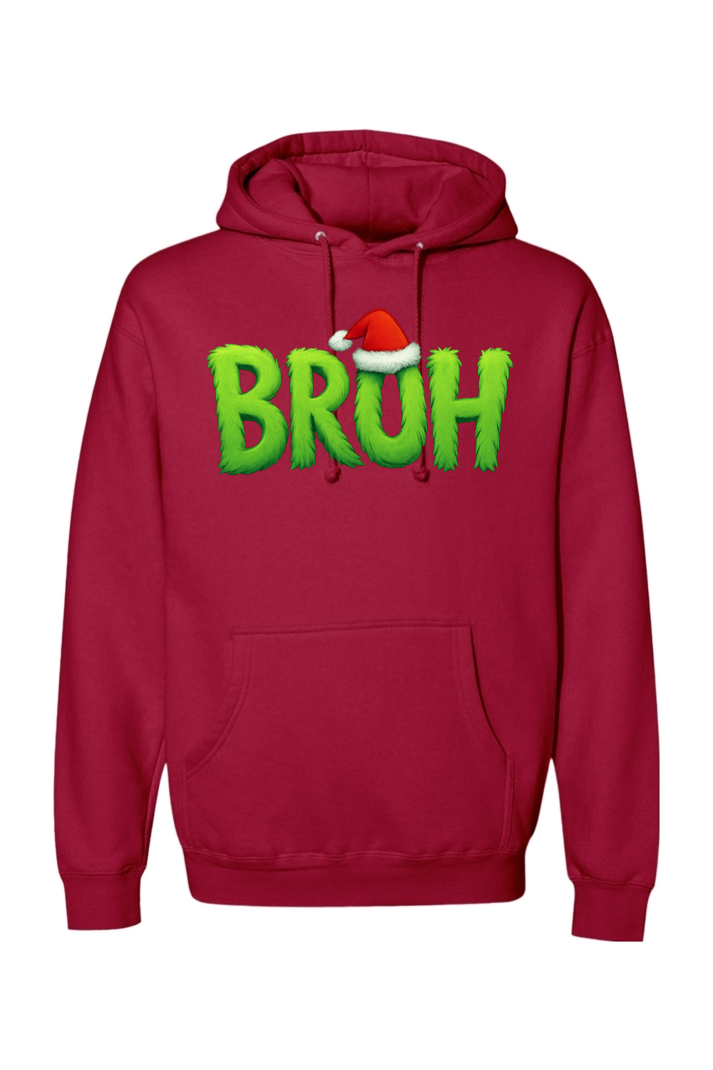 Red Christmas hoodie with "BRUH" text with a Santa hat design funny holiday humor long sleeve hooded sweatshirt