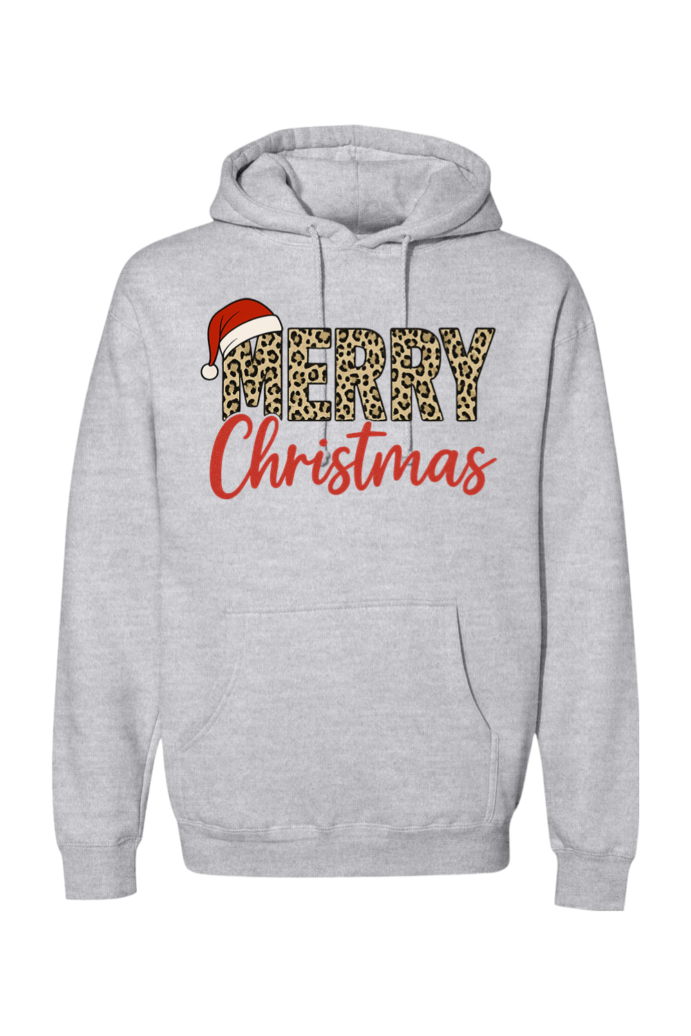 Heather gray Christmas hoodie with "Merry Christmas" text in leopard print and red with a Santa hat design cute trendy festive holiday long sleeve hooded sweatshirt