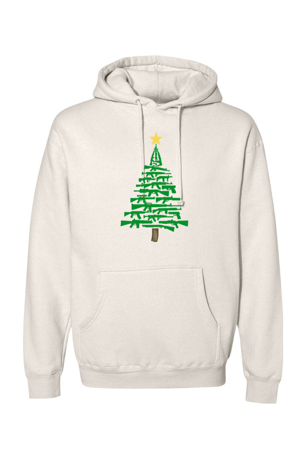 Beige Christmas hoodie with a Christmas tree design made out of rifles cool tactical men's holiday long sleeve hooded sweatshirt