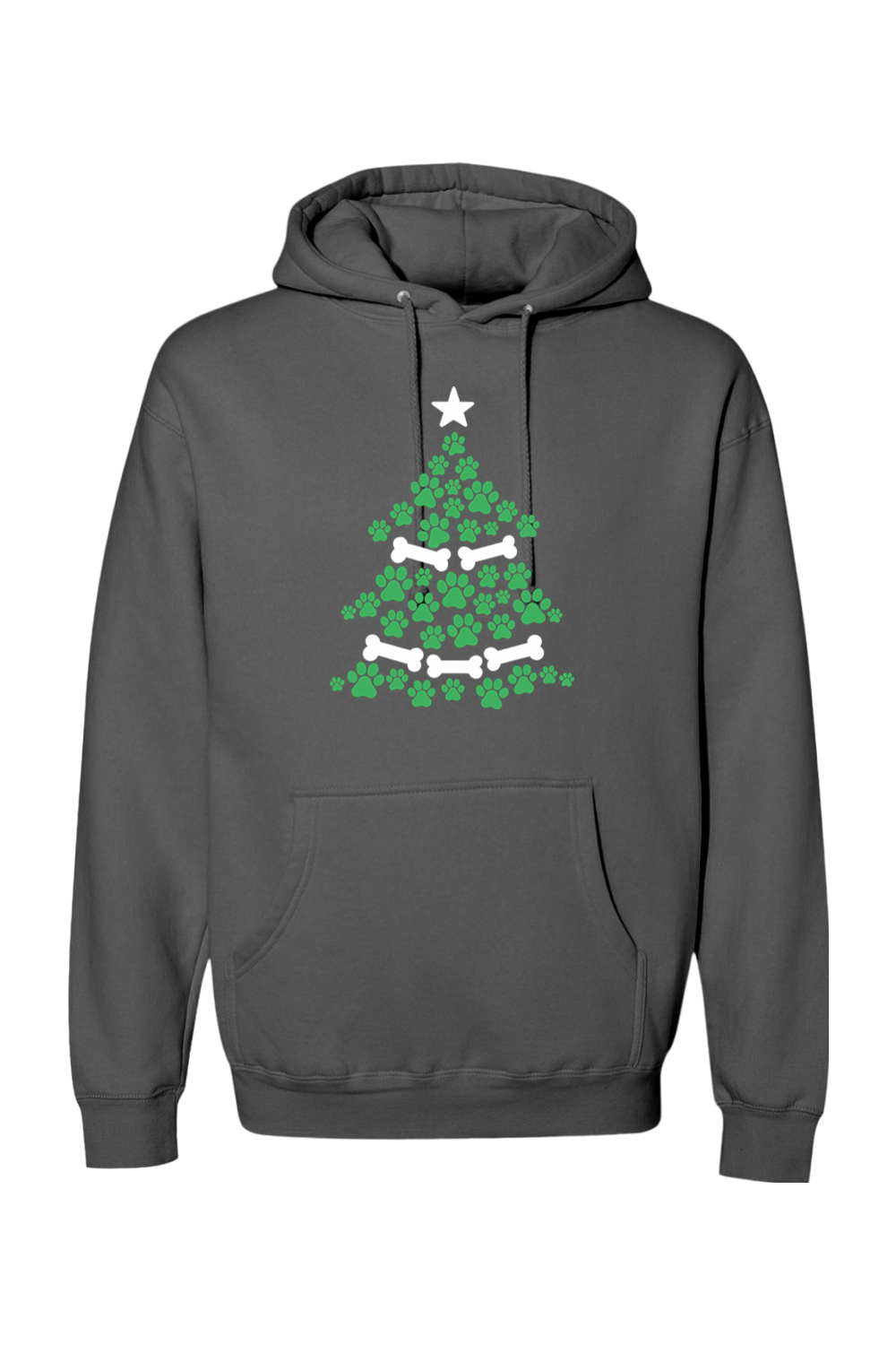 Dark gray Christmas hoodie with a Christmas tree design made out of paw prints and bones cute dog pet animal lover long sleeve hooded sweatshirt