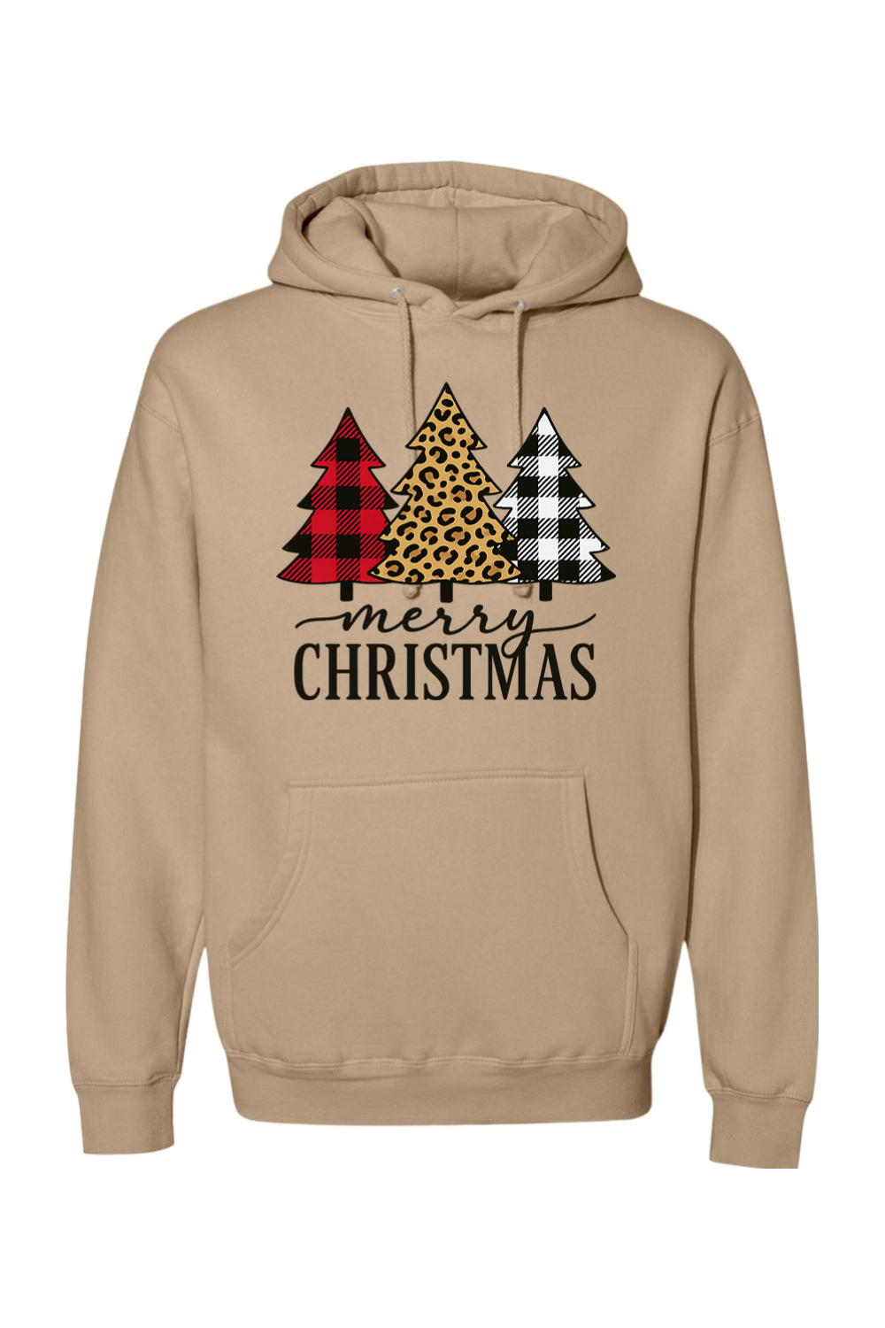 Dark beige Christmas hoodie with "Merry Christmas" text and a buffalo plaid, leopard print, and black and white plaid Christmas trees cute trendy festive holiday long sleeve hooded sweatshirt