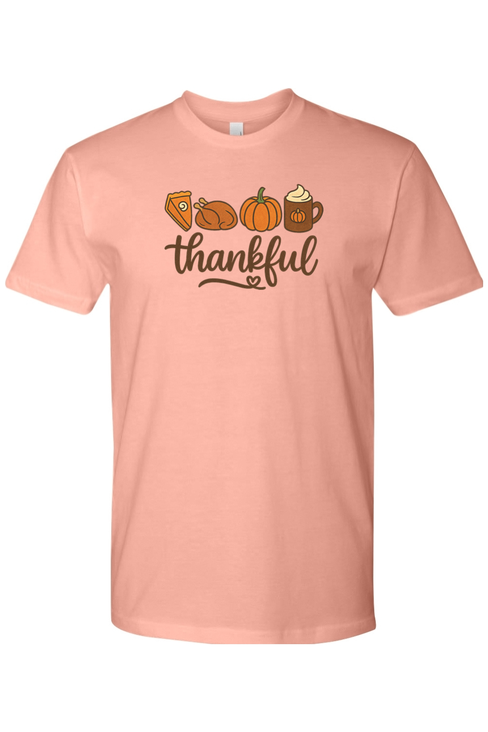 Pink Thanksgiving T-shirt with "Thankful" text with pumpkin pie, turkey, pumpkin, and pumpkin spice coffee design cute trendy girly fall short sleeve shirt