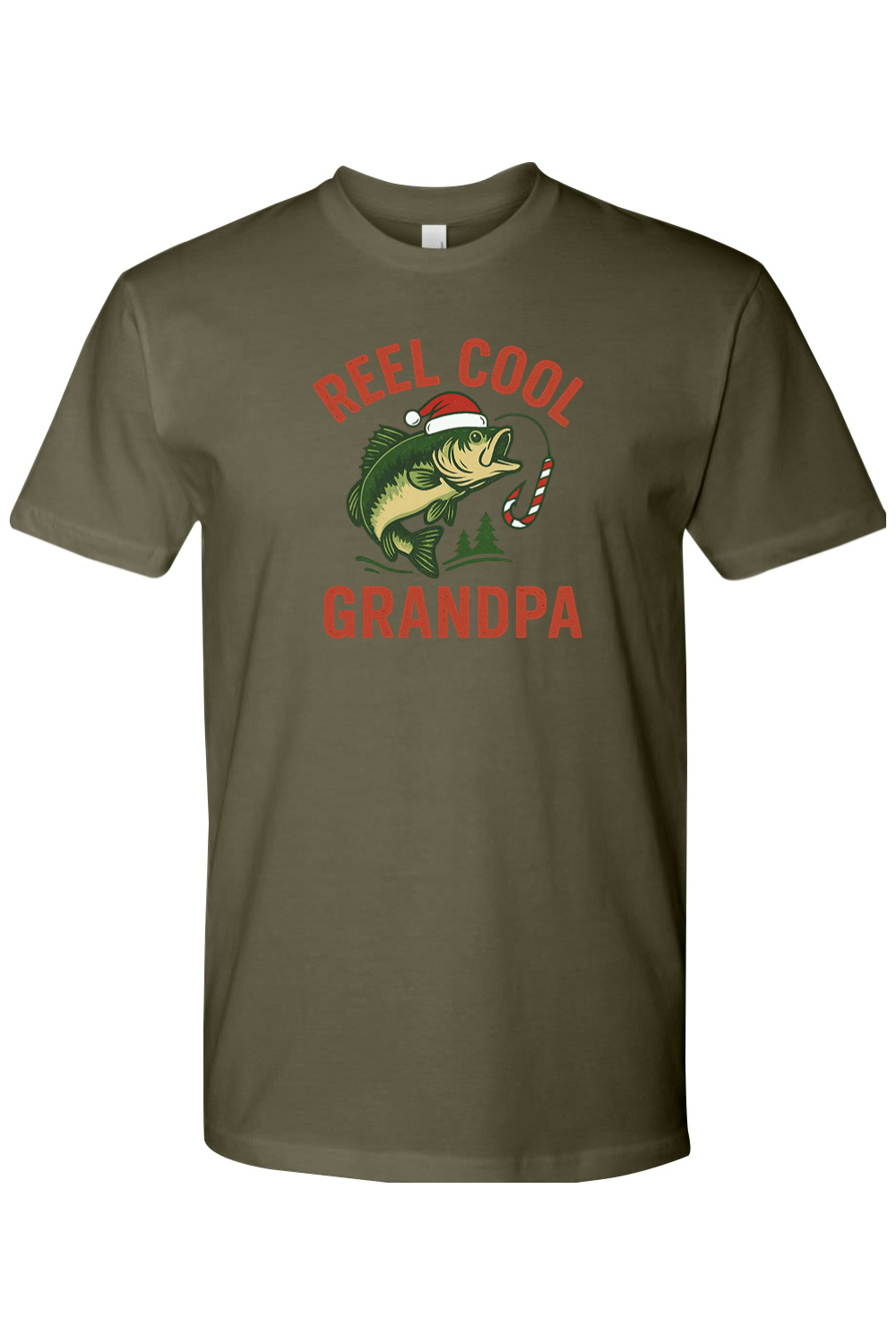 Dark olive green Christmas t-shirt with "Reel Cool Grandpa" text in red with a fish in a Santa hat design and candy cane hook design festive fishing grandparent grandfather holiday short sleeve shirt