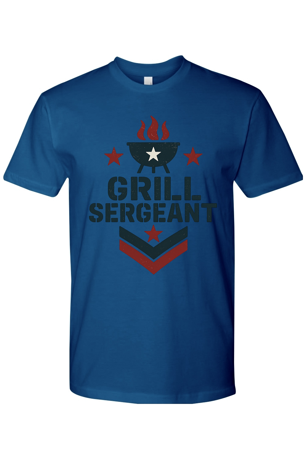 Blue t-shirt with 'GRILL SERGEANT' graphic design.
