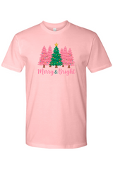 Pink Christmas t-shirt with pink and green Christmas trees design with text 