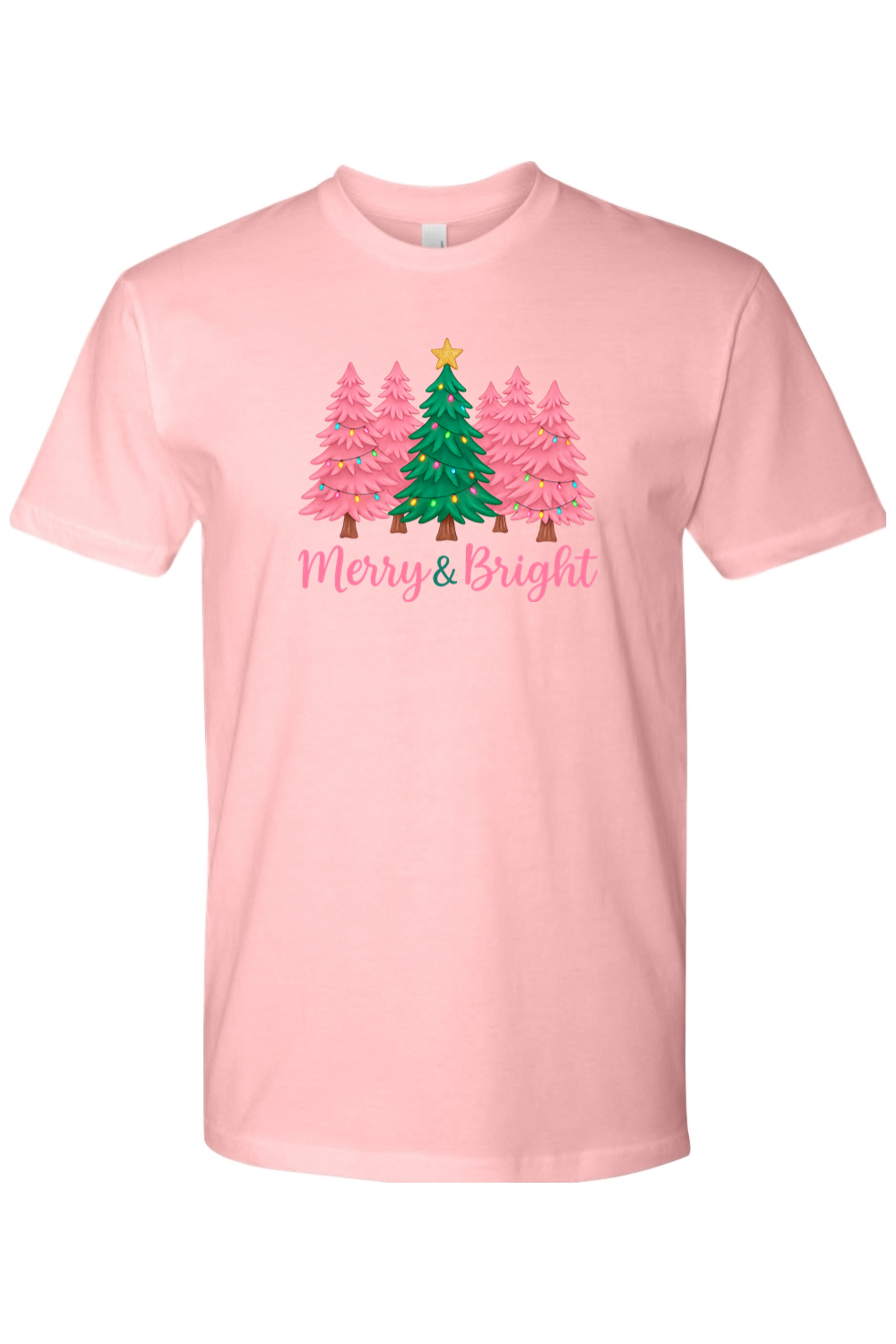 Pink Christmas t-shirt with pink and green Christmas trees design with text "Merry & Bright" cute trendy festive holiday short sleeve shirt