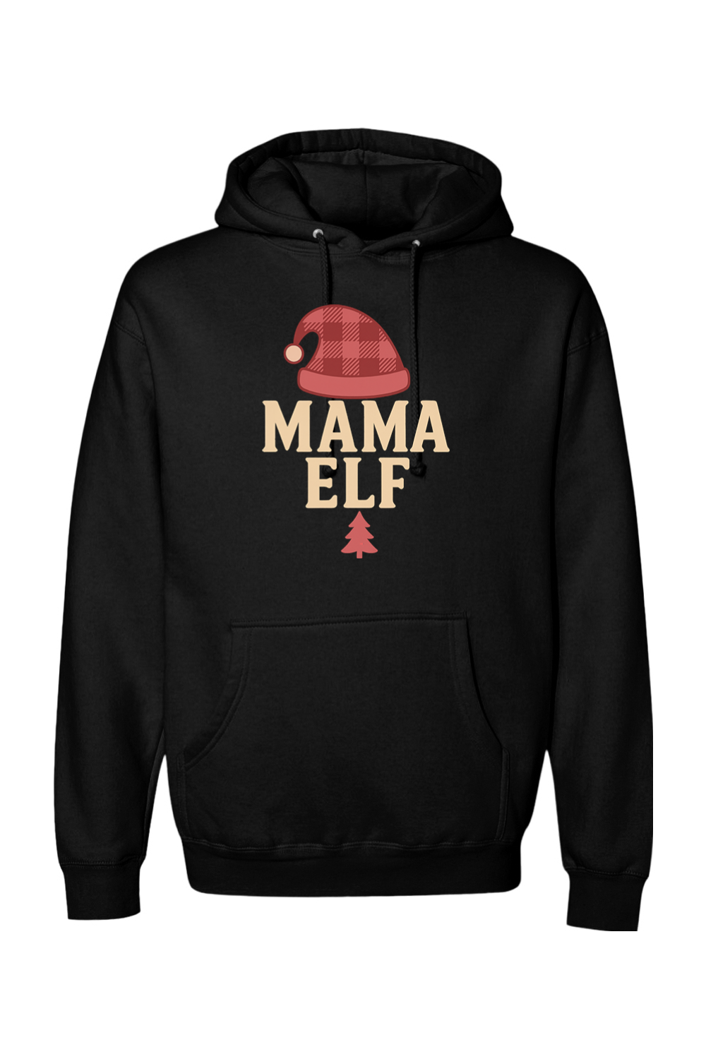 Black Christmas hoodie with "Mama Elf" text with an elf hat and pine tree design cute trendy women's long sleeve hooded sweatshirt