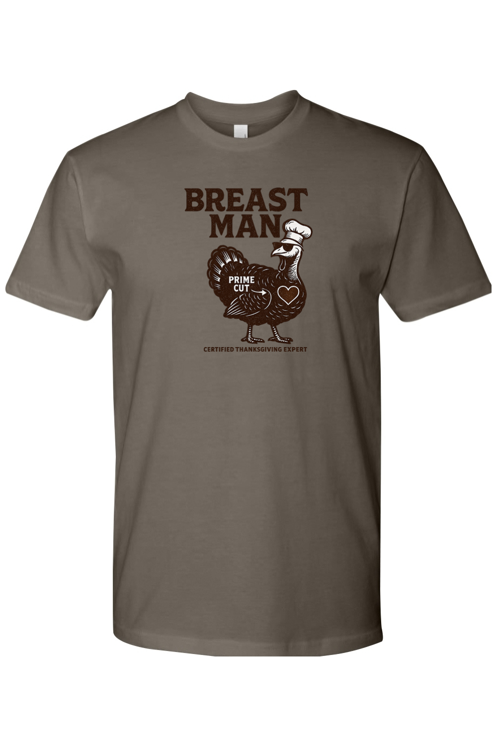 Gray Thanksgiving t-shirt with "Breast Man Certified Thanksgiving Expert" text and a turkey in a chef hat design funny sarcastic edgy humor fall holiday short sleeve shirt
