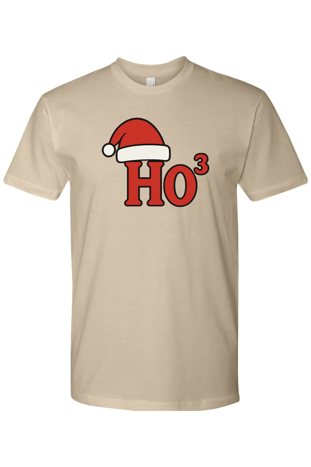 Dark beige Christmas t-shirt with "Ho³" text in red with a Santa hat design funny holiday humor short sleeve shirt