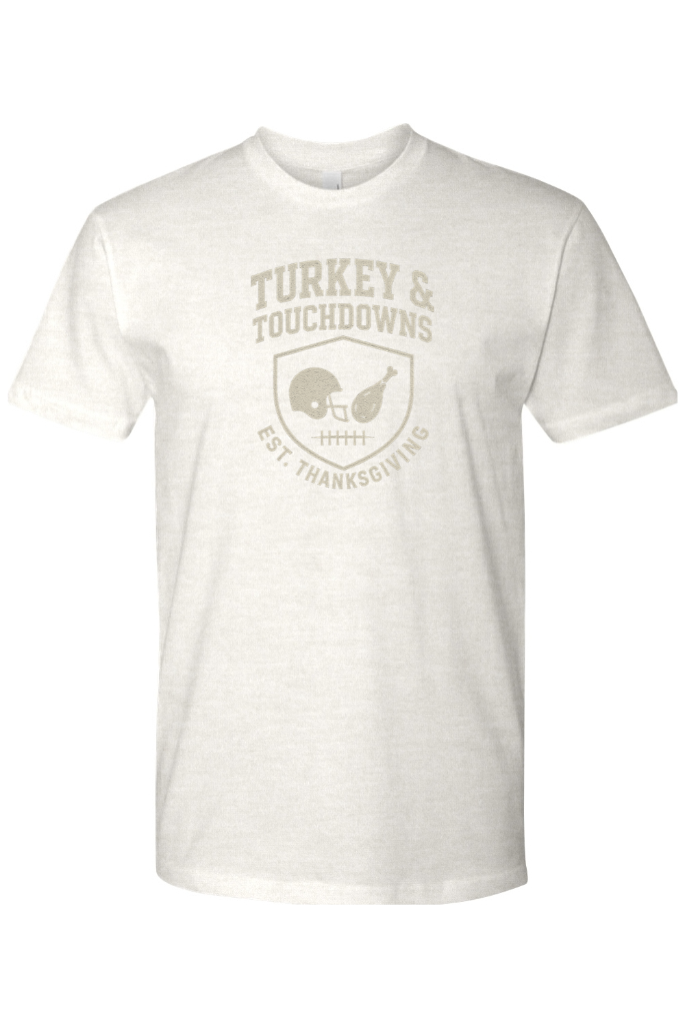 Light cream Thanksgiving T-shirt with "Turkey & Touchdowns EST. Thanksgiving" text with a football helmet and turkey leg shield design cool fall holiday short sleeve shirt