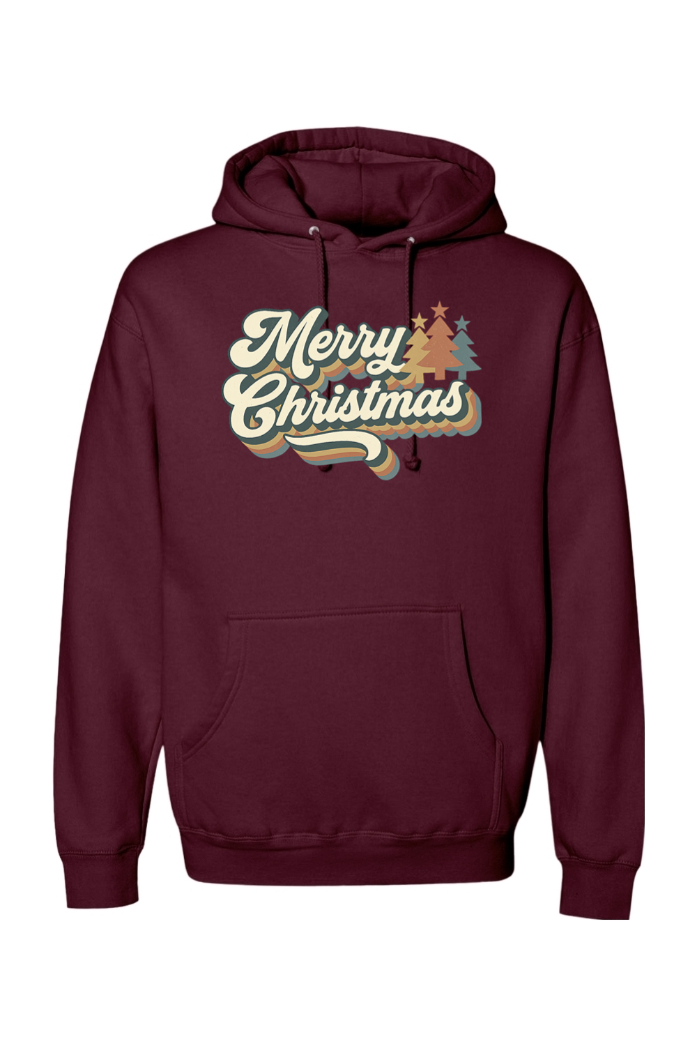Maroon Christmas hoodie with "Merry Christmas" text in retro bubble font and Christmas trees design cute trendy festive holiday long sleeve hooded sweatshirt