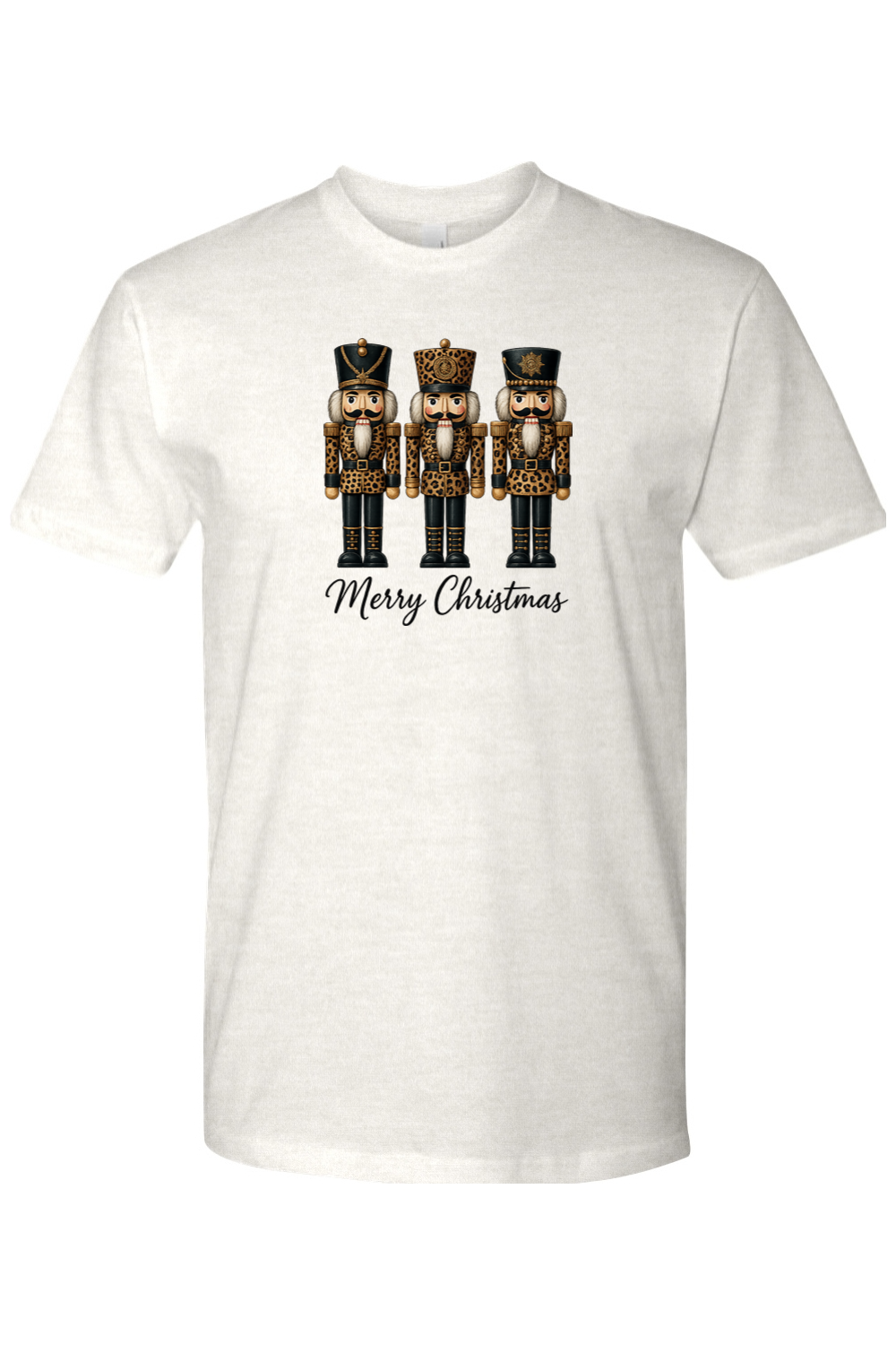 Light cream Christmas t-shirt with "Merry Christmas" text and three leopard print nutcrackers cute trendy girly festive holiday short sleeve shirt