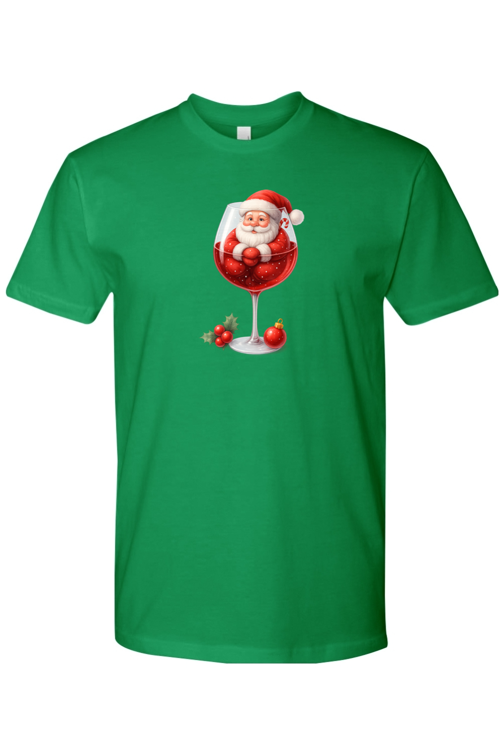 Green Christmas t-shirt with Santa sitting in a wine glass with a holly and ornament design cute festive holiday short sleeve shirt