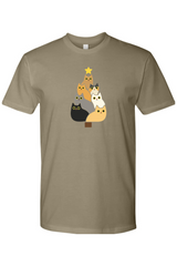 Light olive green Christmas t-shirt with a Christmas tree made out of cats design cute funny animal pet festive holiday short sleeve shirt