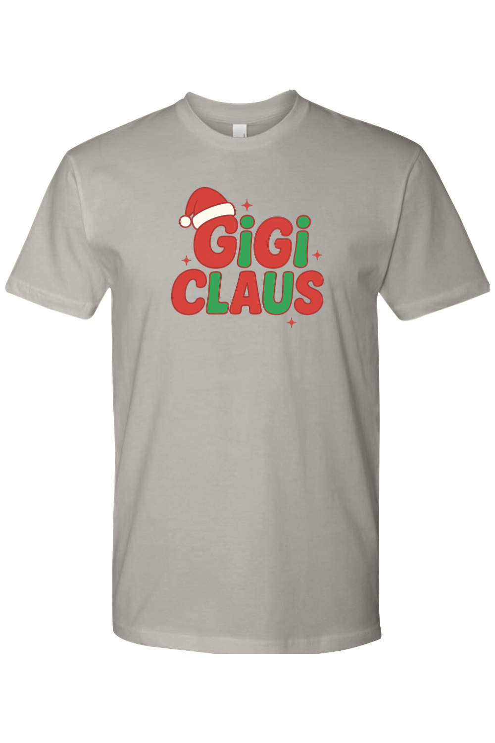 Gray Christmas t-shirt with "Gigi Claus" text in green and red with a Santa hat sitting on the G cute grandma grandparent holiday short sleeve shirt