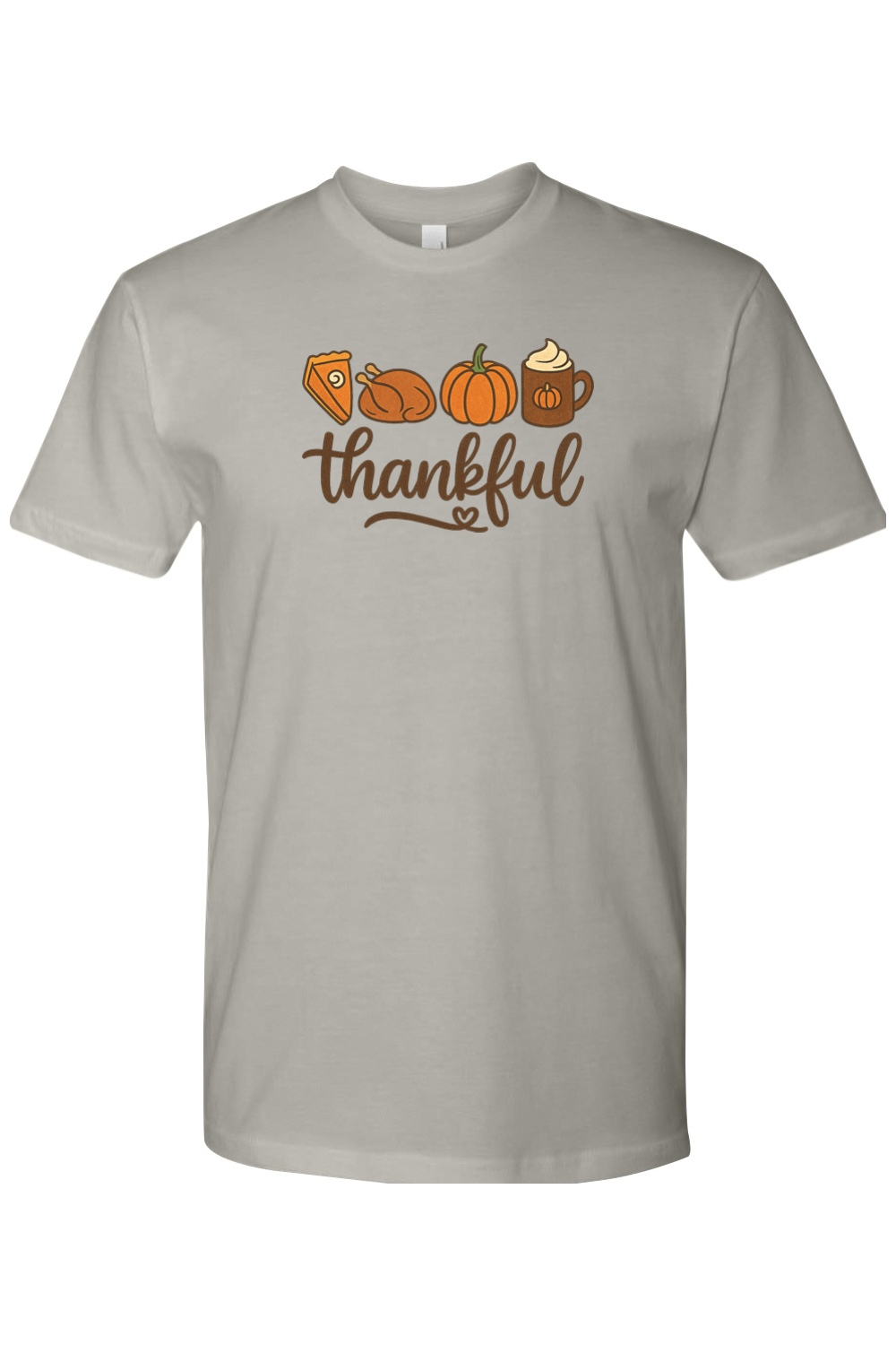 Grey gray Thanksgiving T-shirt with "Thankful" text with pumpkin pie, turkey, pumpkin, and pumpkin spice coffee design cute trendy girly fall short sleeve shirt