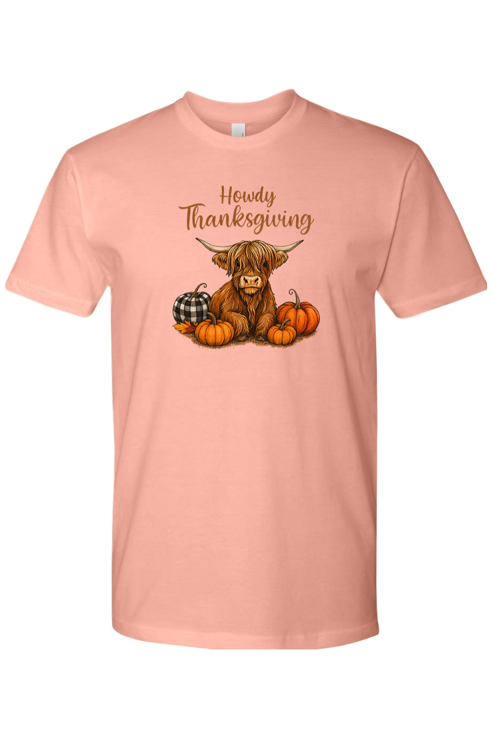 Pink Thanksgiving t-shirt with "Howdy Thanksgiving" text and a highland cow with pumpkins cute country fall holiday short sleeve shirt