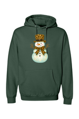 Green Christmas hoodie with a snowman in a leopard print bow and leopard print top hat design cute girly festive holiday long sleeve hooded sweatshirt