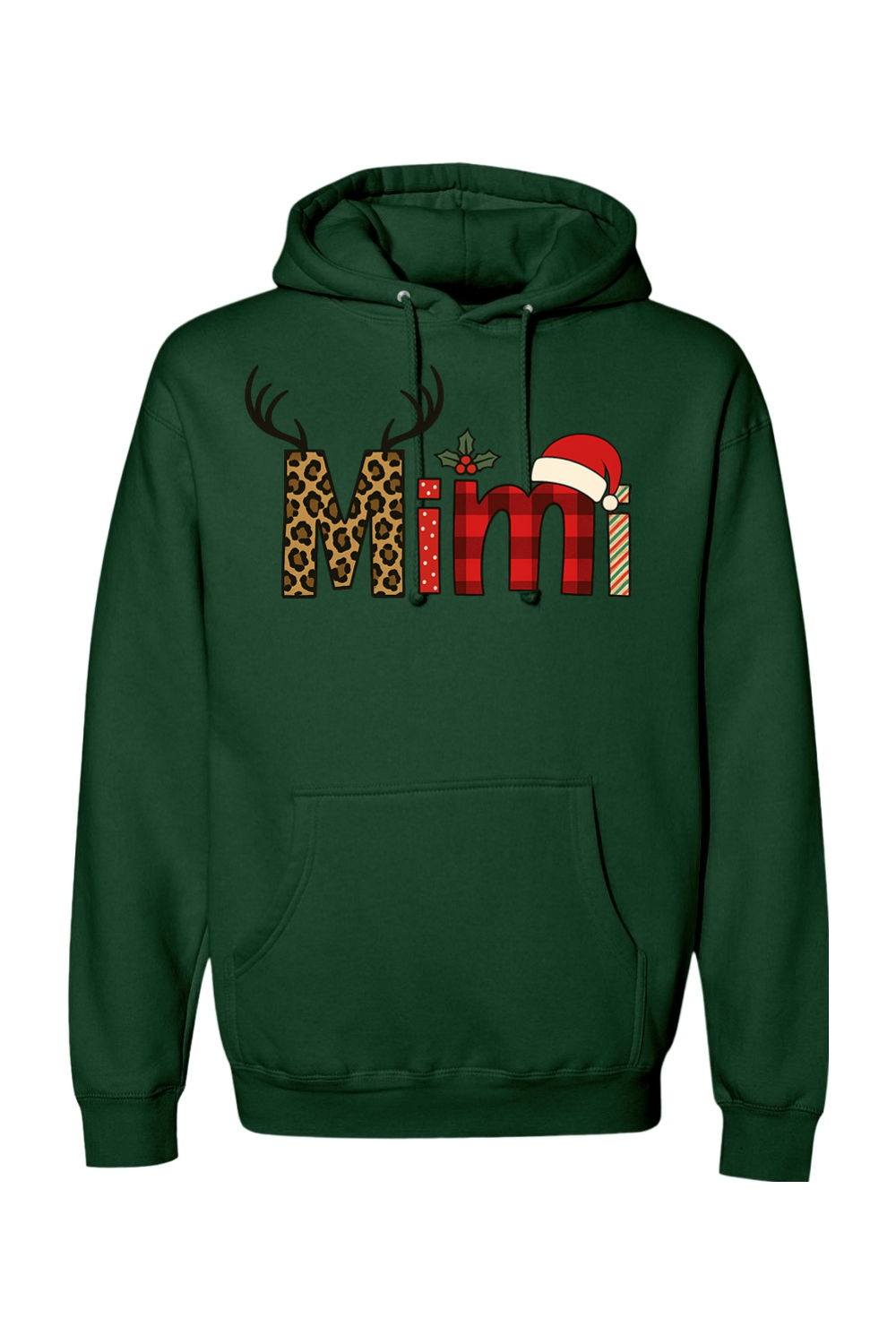 Dark green Christmas hoodie with "Mimi" text antler design and the letters filled with leopard print, plaid, polka dots, and stripes cute grandma festive holiday long sleeve hooded sweatshirt