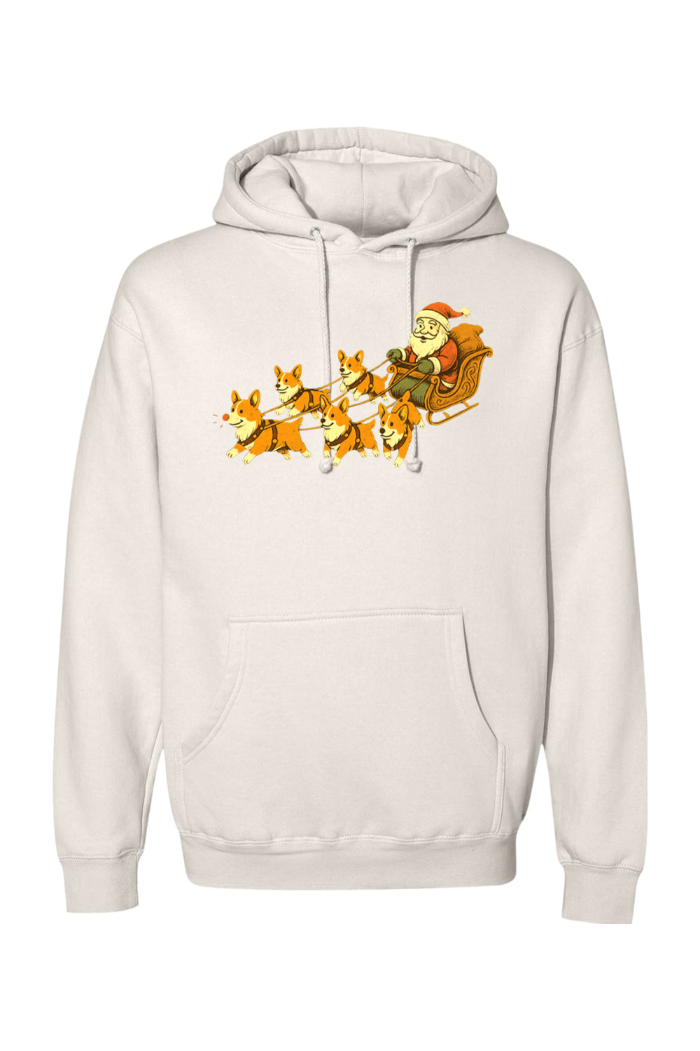 Cream Christmas hoodie with Santa on a sleigh with corgi dogs pulling it cute funny holiday long sleeve hooded sweatshirt