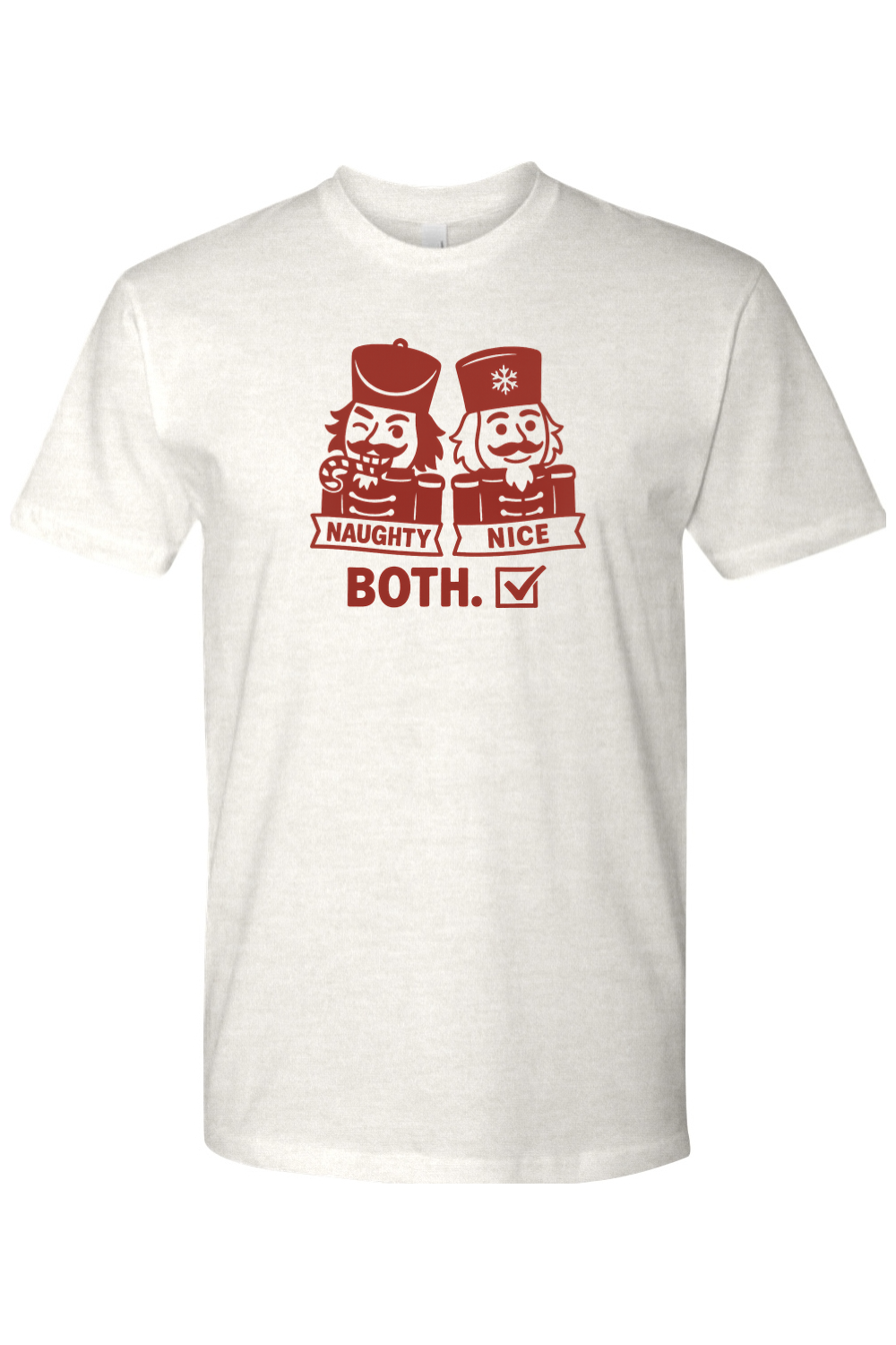 Light cream funny Christmas t-shirt with "Naughty Nice Both" text with a naughty looking nutcracker and a nice looking nutcracker design holiday humor short sleeve shirt