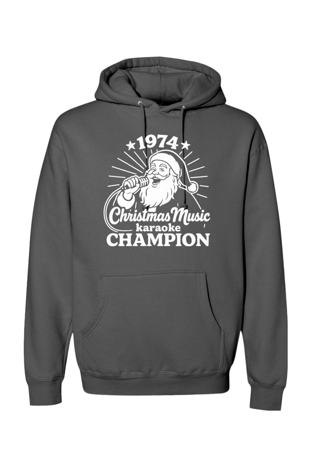Dark gray Christmas hoodie with "1974 Christmas Music Karaoke Champion" text in white with Santa singing design funny holiday humor long sleeve hooded sweatshirt