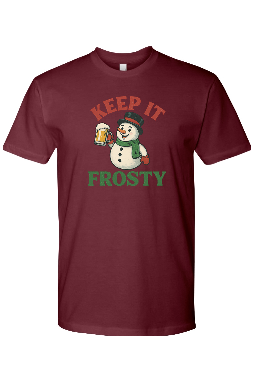 Maroon Christmas T-shirt with "Keep It Frosty" text with a snowman holding a  beer mug funny holiday humor short sleeve shirt
