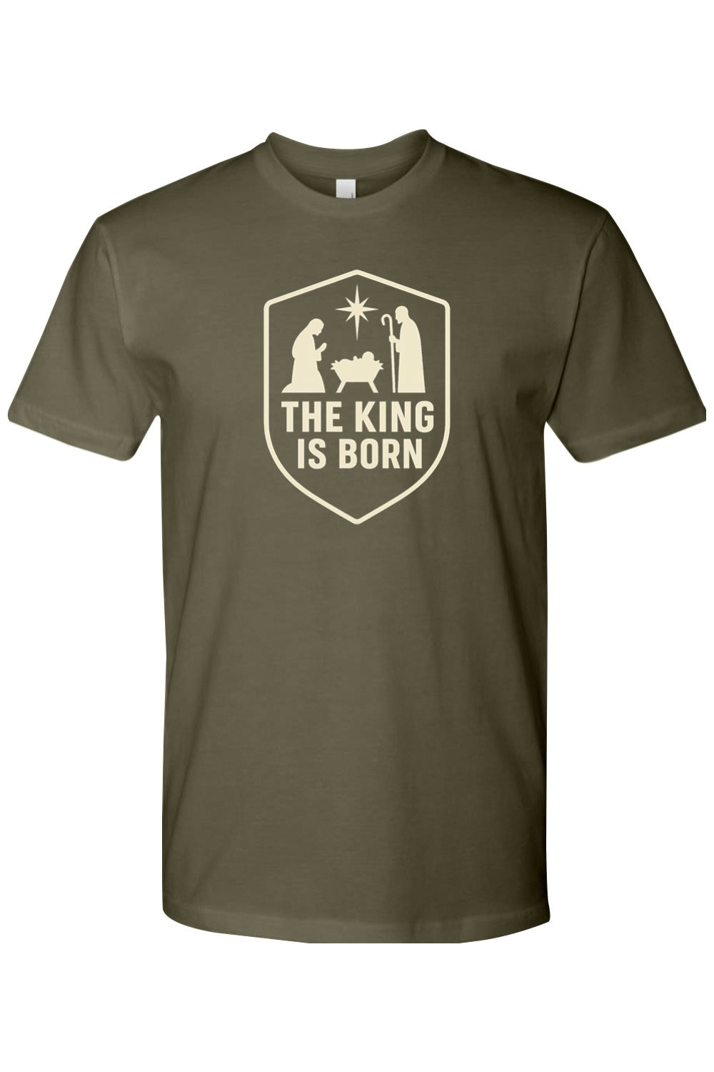 Olive green religious Christmas t-shirt with "The King is Born" text and Mary and Joseph next to Jesus in the manger and star design God Christian holiday short sleeve shirt