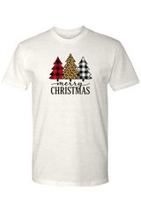 Light beige Christmas t-shirt with plaid and leopard print Christmas trees design and 