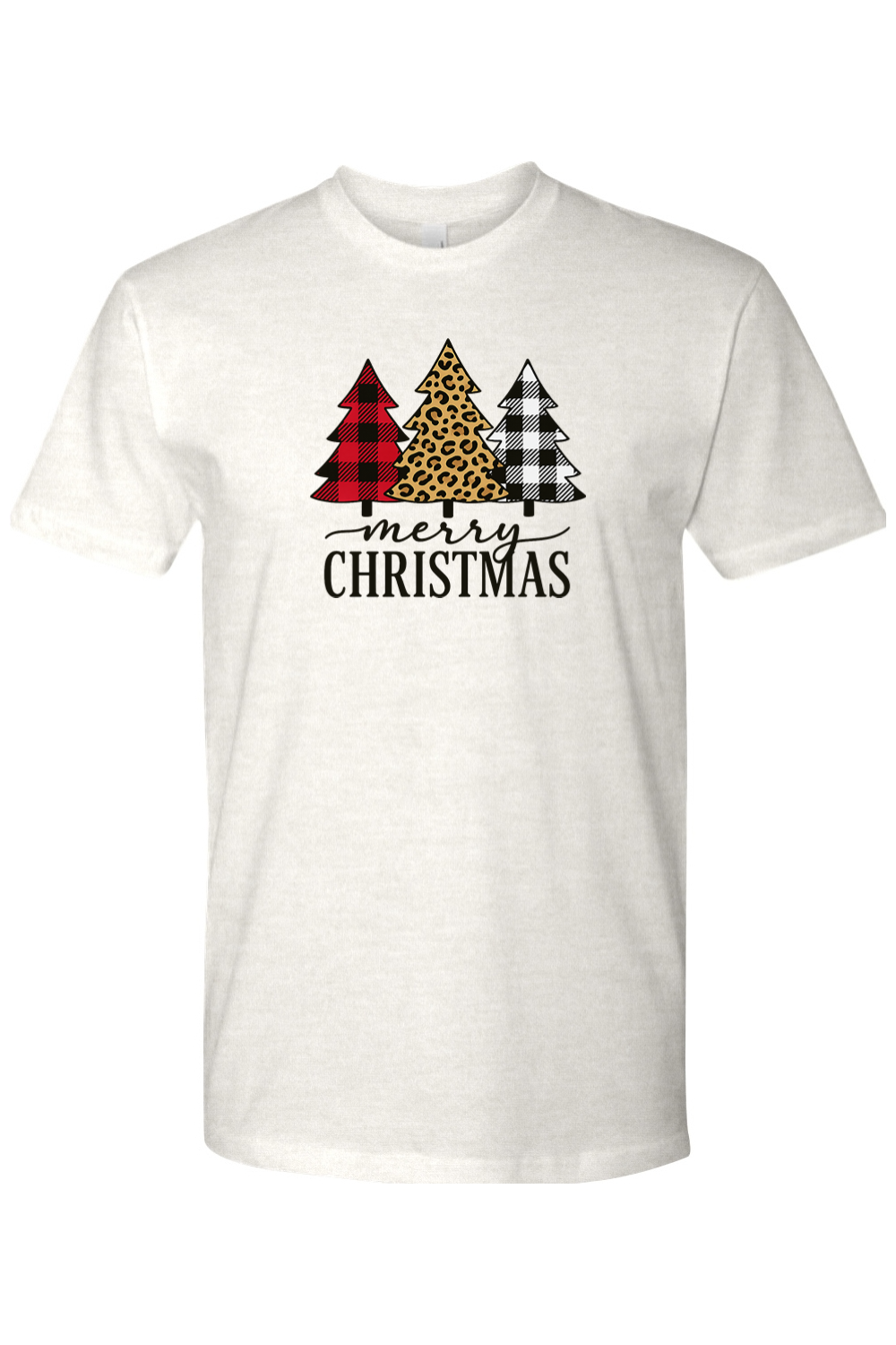 Light beige Christmas t-shirt with plaid and leopard print Christmas trees design and "Merry Christmas" text festive trendy holiday short sleeve shirt