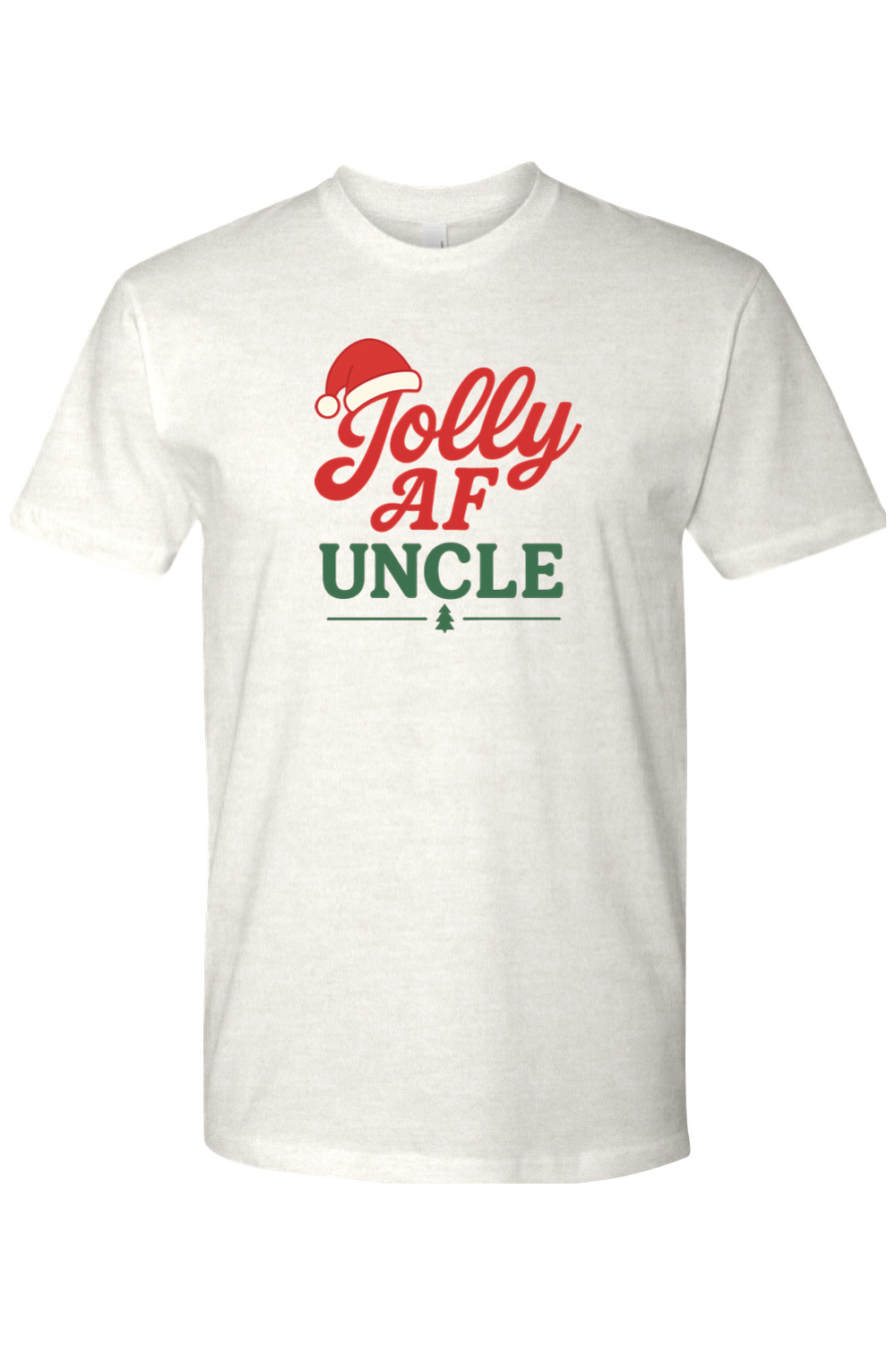 Light cream Christmas t-shirt with "Jolly AF Uncle" text with a Santa hat and Christmas tree design funny holiday humor short sleeve shirt